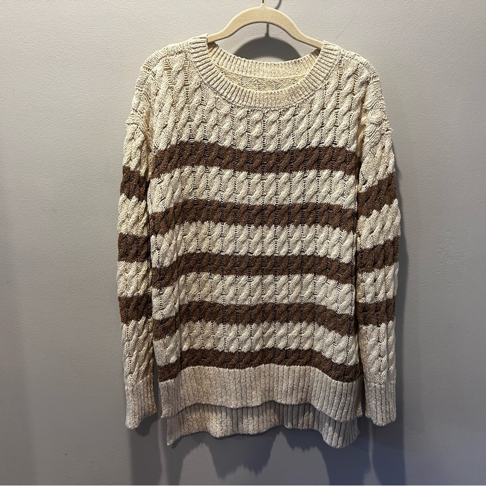 Pilcro Striped Knit Oversized Crewneck Sweater Cream & Brown XS